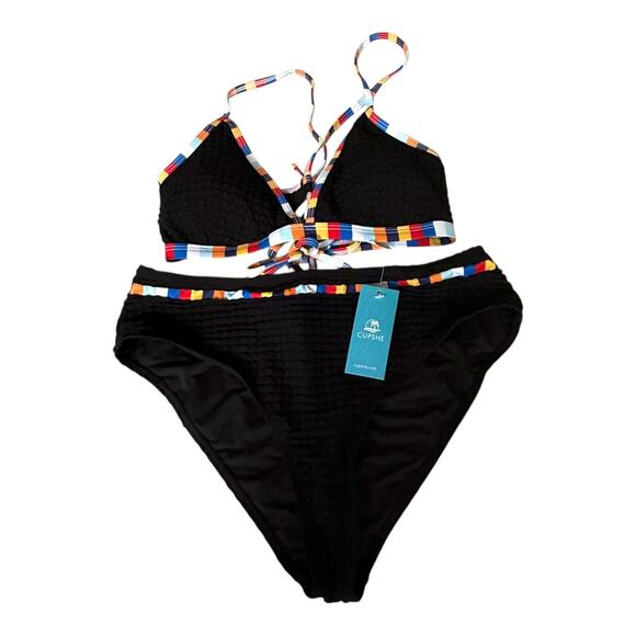 NEW Cupshe SWIMSUIT Women's MED Black Waffle Knit Bikini Bralette & Bottoms Set - Picture 3 of 13